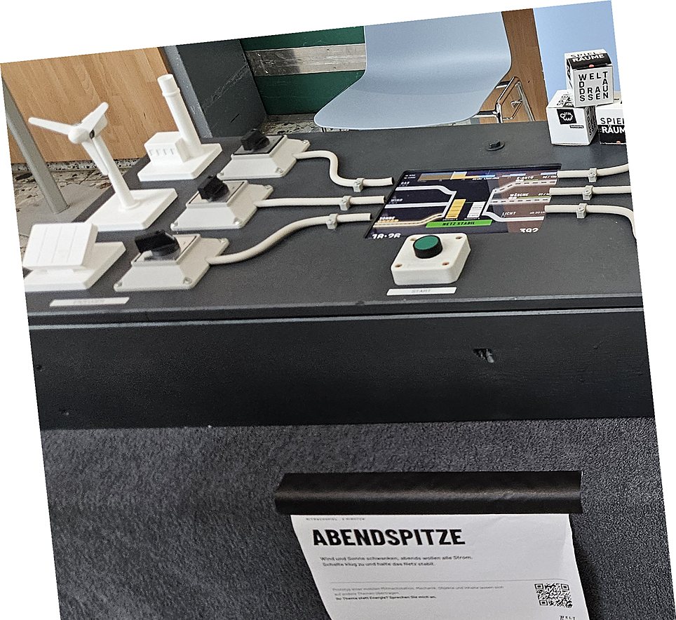 Abendspitze Abendspitze: das Pult der Mitmachstation mit Windrad, Gaskraftwerk und Solaranlage, Bildschirm und Startknopf